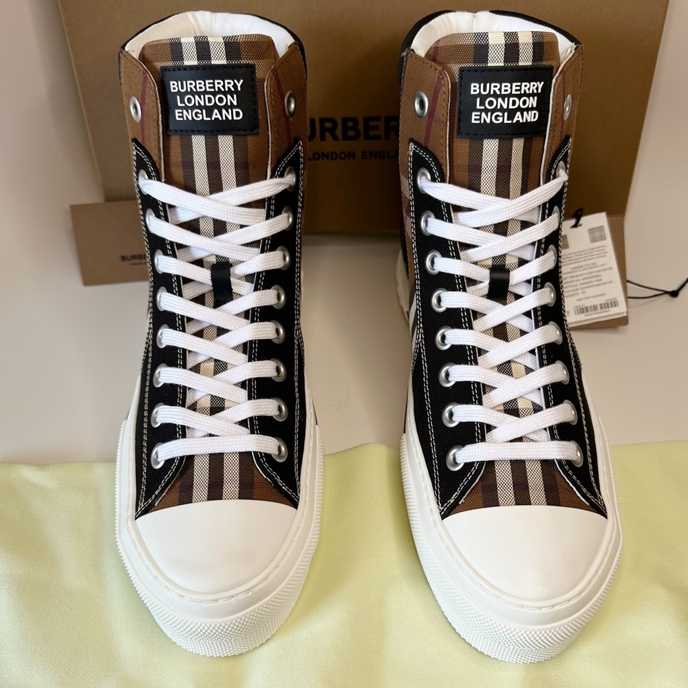 BURBERRY Signature Vintage Check Logo Canvas Leather High-Top Fashion Sneakers - Picture 5 of 16